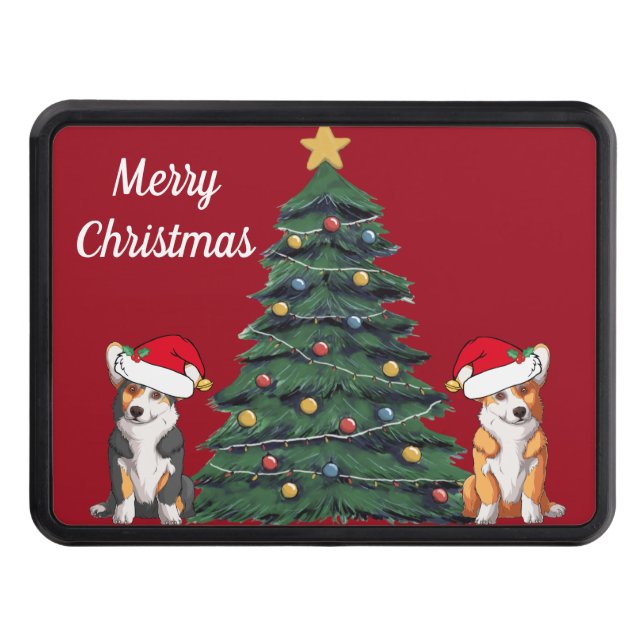 Corgi Christmas Tree Cute Red Holiday Trailer Hitch Cover (Front)