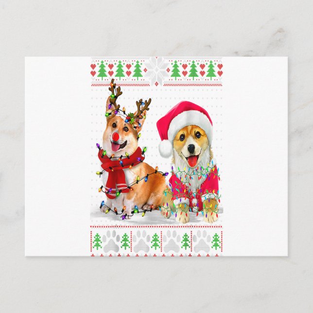 Corgi Christmas Tree Lights Santa Hat Pajama Ugly Postcard (Front)
