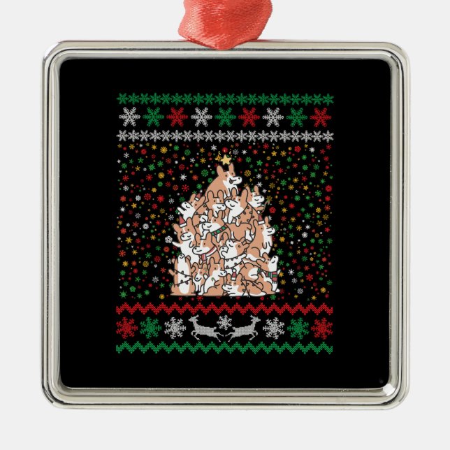 Corgi Christmas Tree Ugly Christmas Metal Ornament (Front)