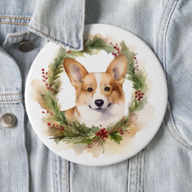 Corgi Christmas Wreath Festive Pup 6 Inch Round Button (In Situ)