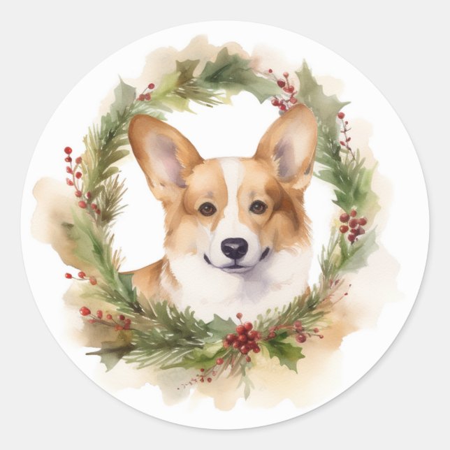 Corgi Christmas Wreath Festive Pup Classic Round Sticker (Front)