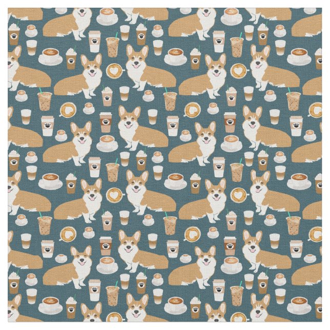 Corgi Coffee - dog fabric (Close Up)