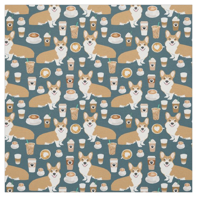 Corgi Coffee fabric - cute corgi pattern (Swatch)