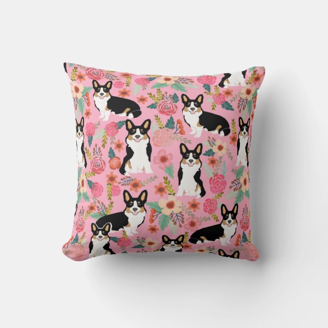 Corgi couleur Tri coussin floral - joli cadeau de  (Recto)
