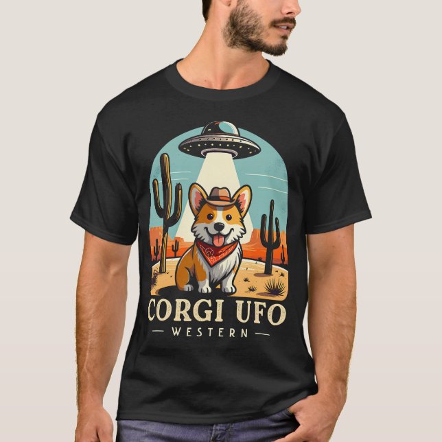 Corgi Cowboy Ufo Funny Western Alien T-Shirt (Front)