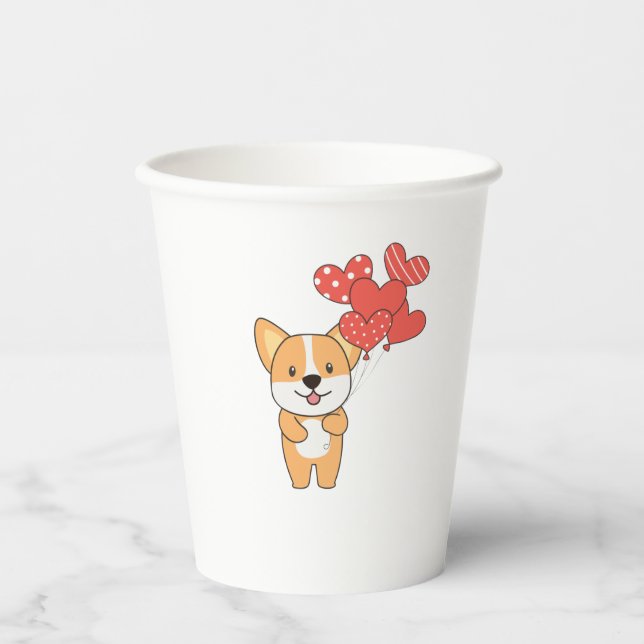 Corgi Cute Animals With Hearts Balloons To Paper Cups (Front)
