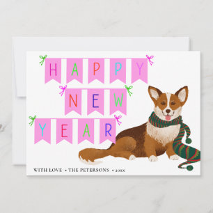 CORGI   Cute HAPPY NEW YEAR With Ribbon Holiday Card