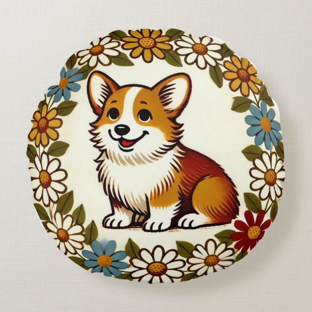 Corgi Daisy                                        Round Pillow (Front)