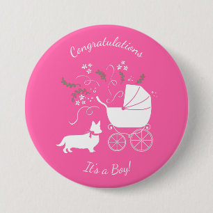 Corgi Dog Baby Shower Pink Girl 3 Inch Round Button