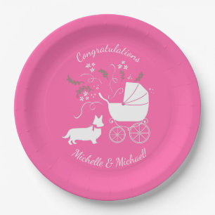 Corgi Dog Baby Shower Puppy Grey Welsh Pink Girl Paper Plate