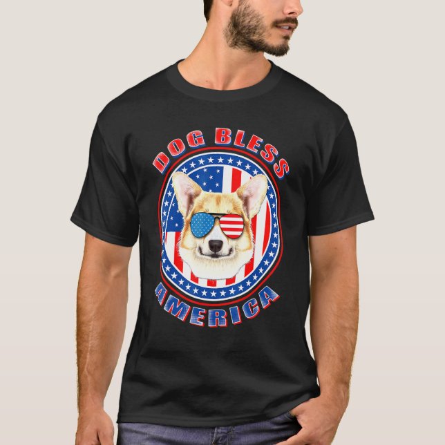 Corgi Dog Bless America Flag Usa Patriotic 4th Of  T-Shirt (Front)