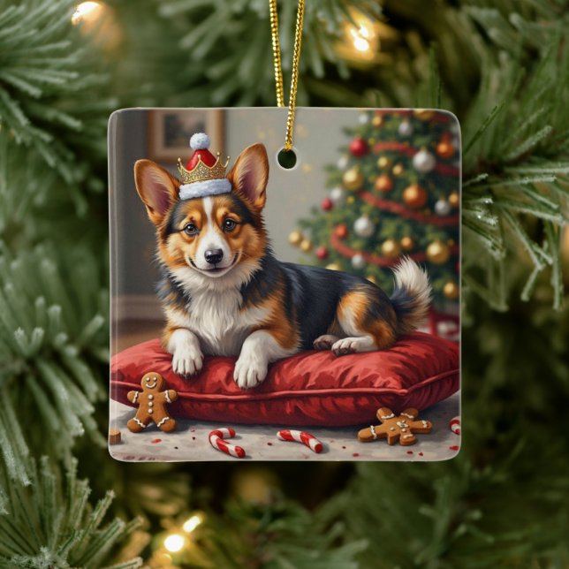 Corgi Dog Christmas Loaf with Santa Crown Art Ceramic Ornament (Tree)