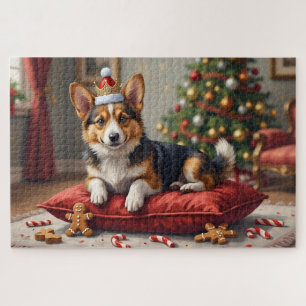 Corgi Dog Christmas Loaf with Santa Crown Art Jigsaw Puzzle