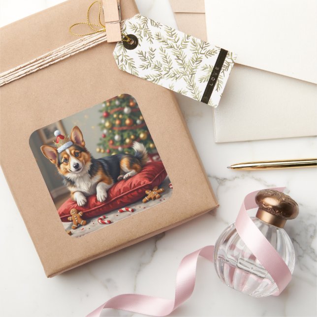 Corgi Dog Christmas Loaf with Santa Crown Art Square Sticker (Gifting)