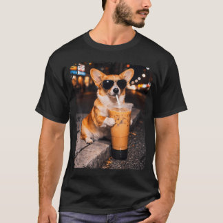 Corgi Dog Drinking Iced Coffee Funny Animal T-Shirt