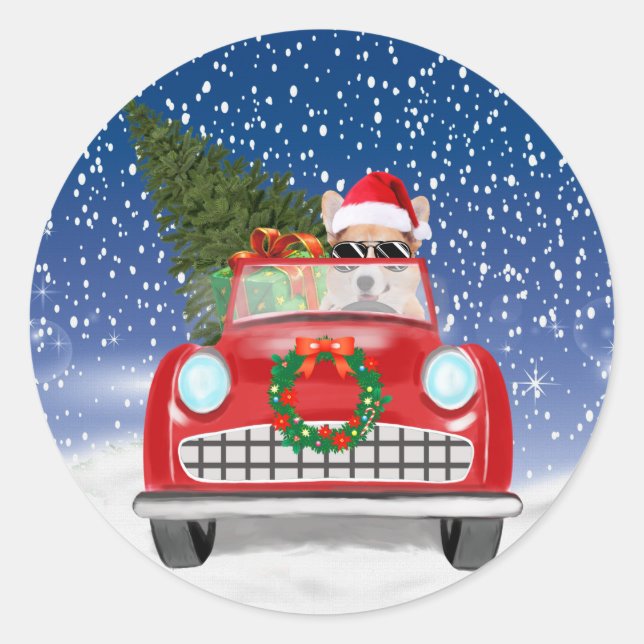 Corgi Dog Driving Car In Snow Christmas  Classic Round Sticker (Front)
