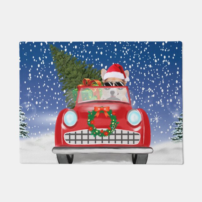 Corgi Dog Driving Car In Snow Christmas Doormat (Front)
