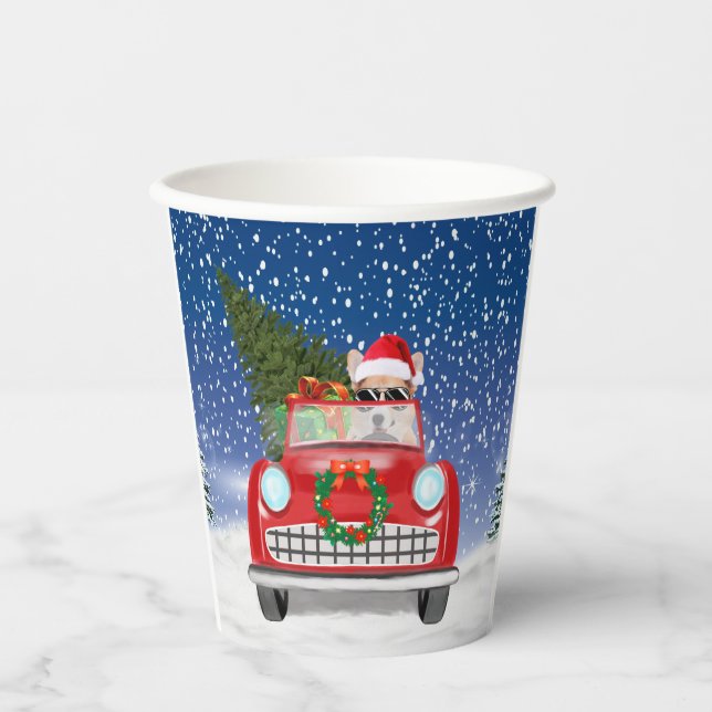 Corgi Dog Driving Car In Snow Christmas Paper Cups (Front)