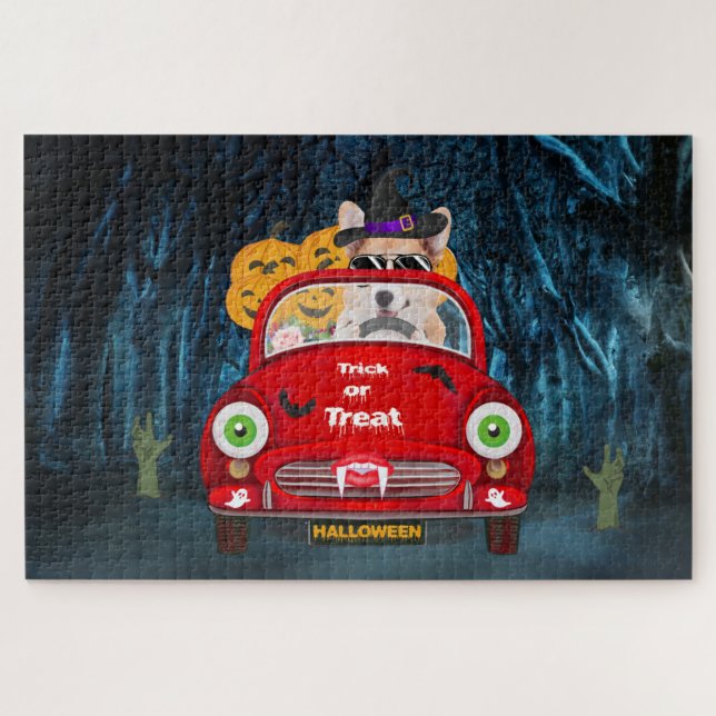 Corgi Dog Driving Car Scary Halloween  Jigsaw Puzzle (Horizontal)