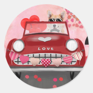Corgi Dog Driving Car with Hearts Valentine's Classic Round Sticker