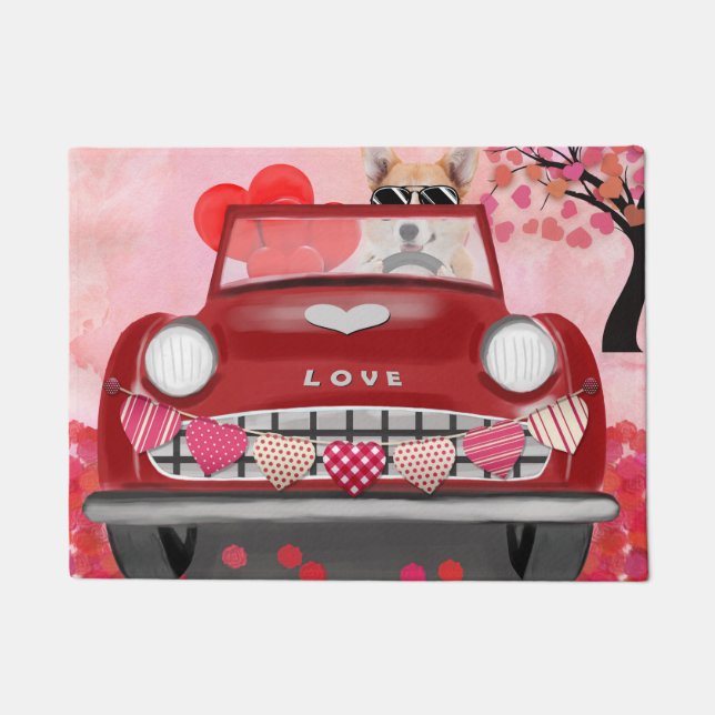 Corgi Dog Driving Car with Hearts Valentine's   Doormat (Front)