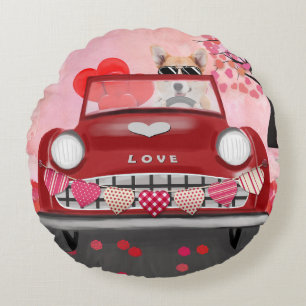 Corgi Dog Driving Car with Hearts Valentine's Round Pillow