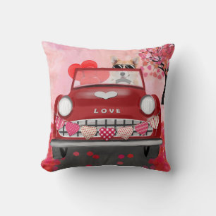 Corgi Dog Driving Car with Hearts Valentine's Throw Pillow