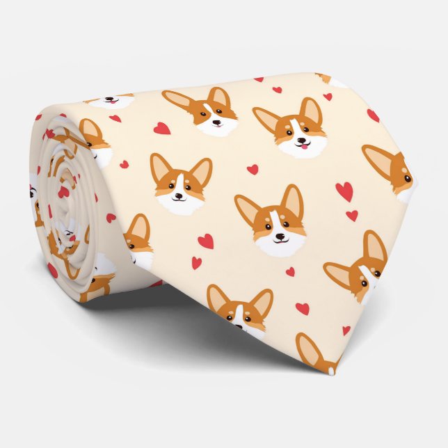 Corgi Dog Face with Hearts Valentine's Day  Tie (Rolled)