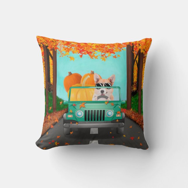Corgi Dog Fall Pumpkin Throw Pillow (Front)