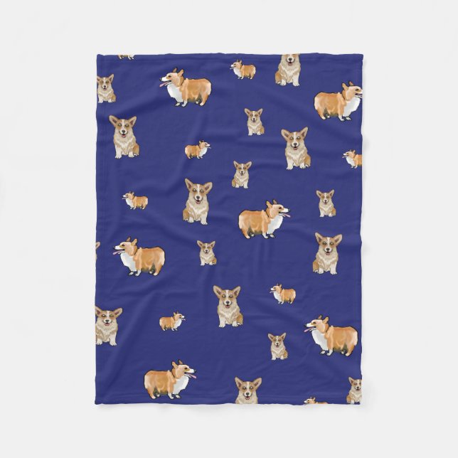 Corgi Dog Fleece Blanket Navy Blue (Front)