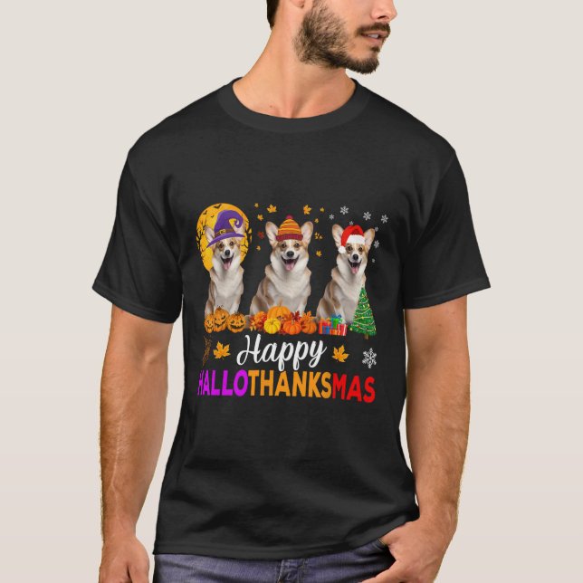 Corgi Dog Halloween Christmas Hallothanksmas  T-Shirt (Front)