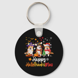 Corgi Dog Halloween Christmas Happy Hallothanksmas Keychain