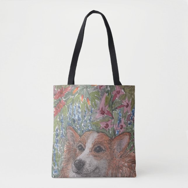 Corgi Dog Hiding in the Flower-bed Tote Bag (Front)