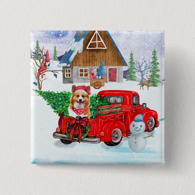 Corgi Dog In Christmas Delivery Truck Snow 2 Inch Square Button (Front)