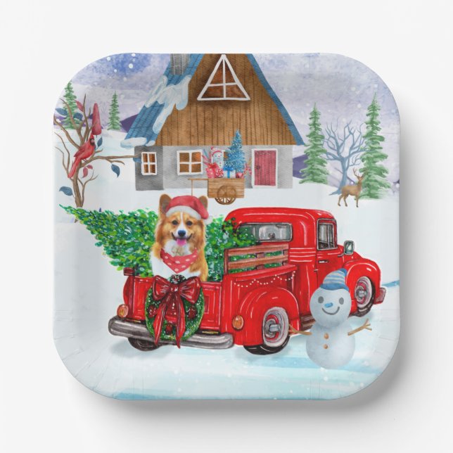 Corgi Dog In Christmas Delivery Truck Snow Paper Plate (Front)