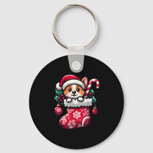 Corgi Dog In Christmas Stocking With Santa Hat Xma Keychain
