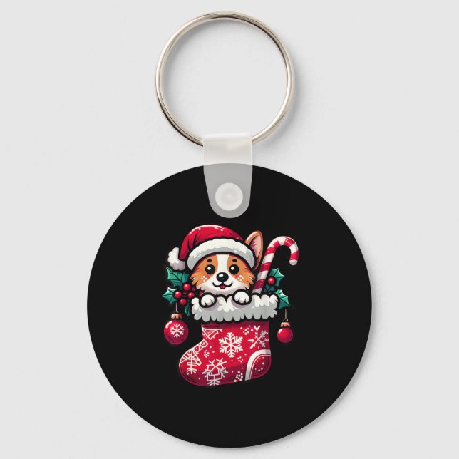 Corgi Dog In Christmas Stocking With Santa Hat Xma Keychain (Front)