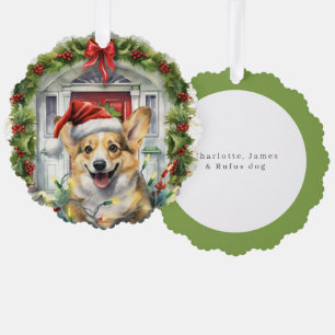 Corgi Dog in Santa Hat Front Door Christmas Ornament Card