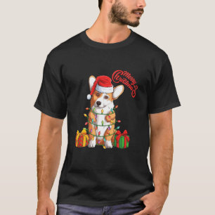 Corgi Dog In Santa Hat Sitting Christmas Tree Ligh T-Shirt