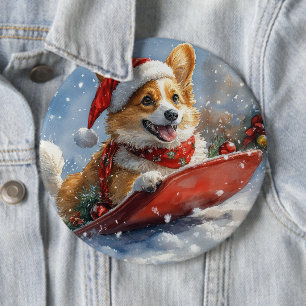 Corgi Dog in Sledge Let it Snow Christmas 6 Inch Round Button