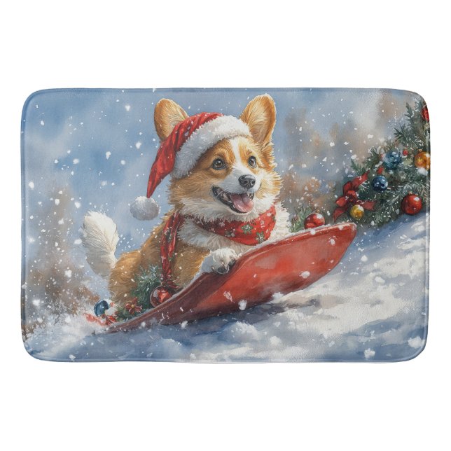 Corgi Dog in Sledge Let it Snow Christmas Bath Mat (Front)