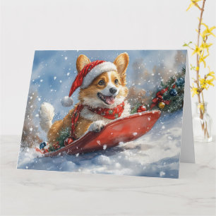 Corgi Dog in Sledge Let it Snow Christmas Card