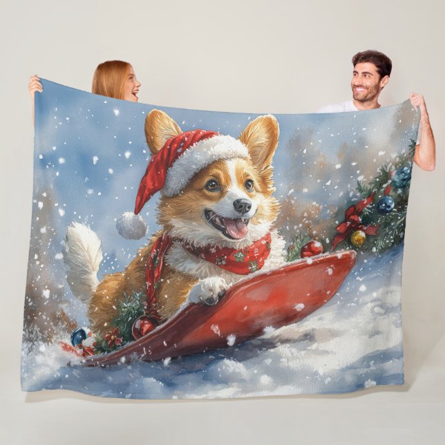Corgi Dog in Sledge Let it Snow Christmas Fleece Blanket (In Situ)