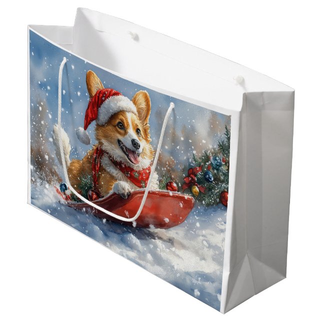 Corgi Dog in Sledge Let it Snow Christmas Large Gift Bag (Front Angled)
