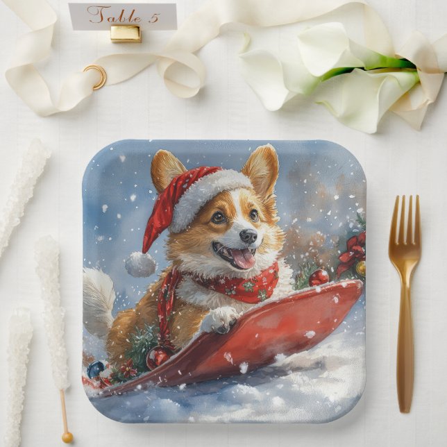 Corgi Dog in Sledge Let it Snow Christmas Paper Plate (Wedding)