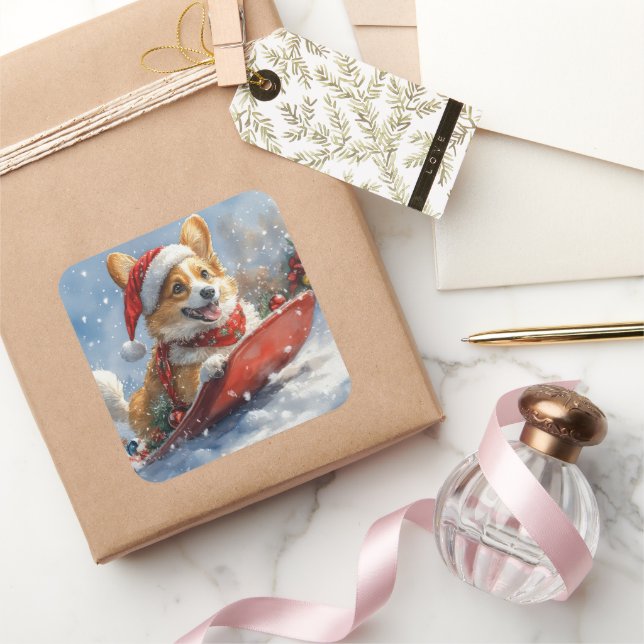 Corgi Dog in Sledge Let it Snow Christmas Square Sticker (Gifting)