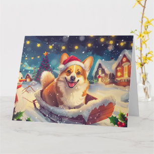 Corgi Dog in Sleigh Snow Christmas Card