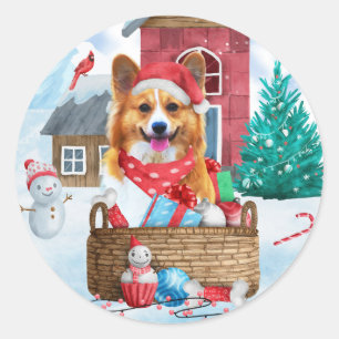 Corgi Dog In snow Christmas Dog House  Classic Round Sticker