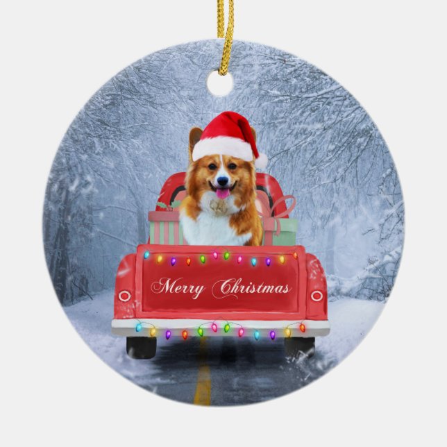 Corgi Dog in Snow sitting in Christmas Truck Ceramic Ornament (Front)