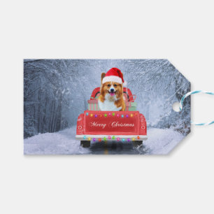 Corgi Dog in Snow sitting in Christmas Truck  Gift Tags